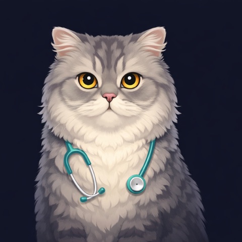 Dr. Meow, a grey cat with a stethoscope